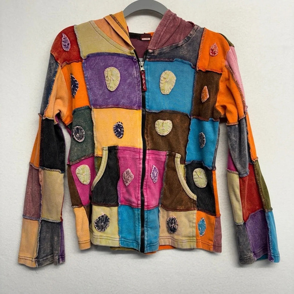 KPC Patchwork Full Zip Hoodie Jacket Hippie Rising International Cotton M? - Picture 1 of 8